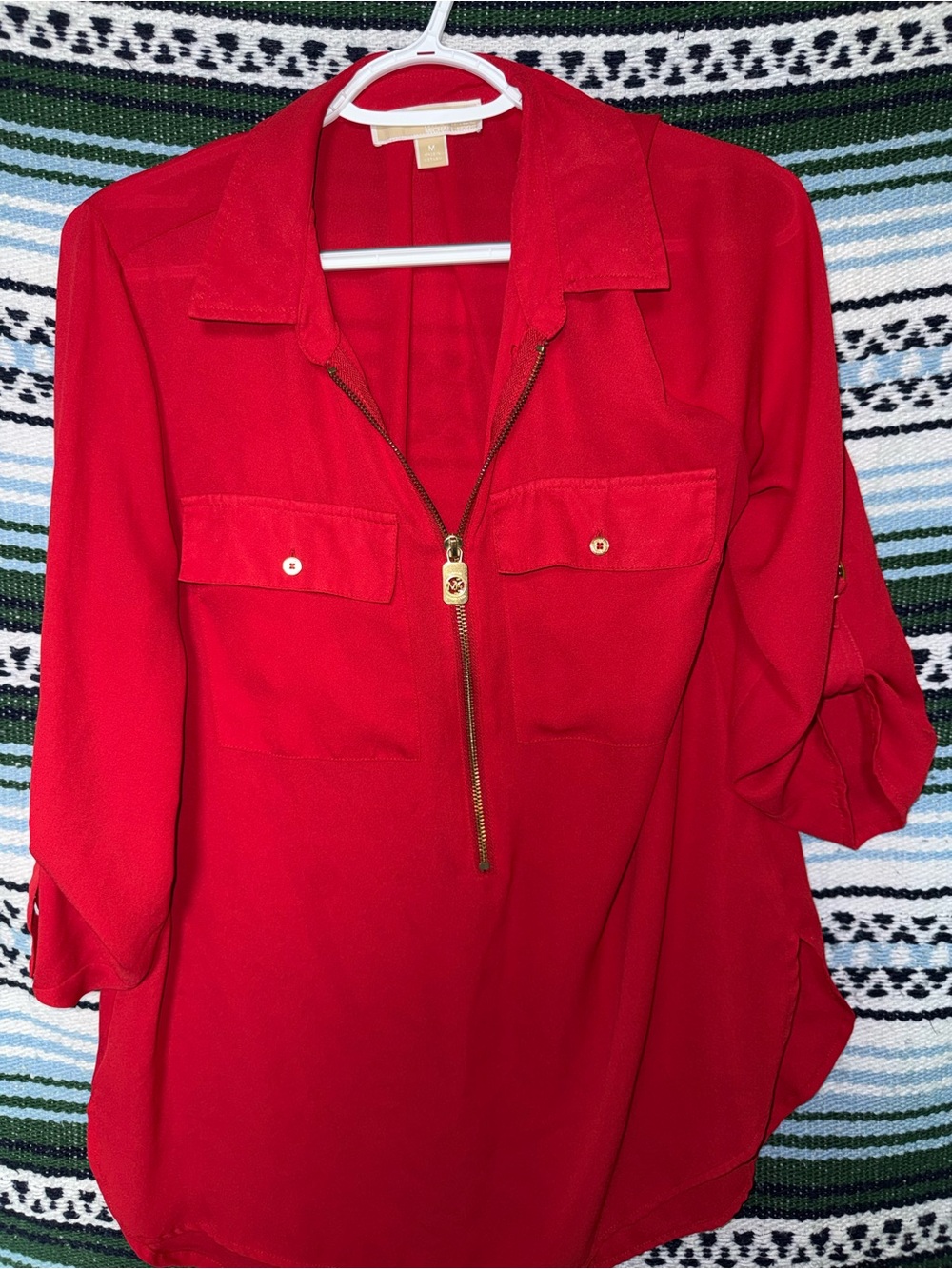 Michael Kors Red Zip-Front Button Down Shirt